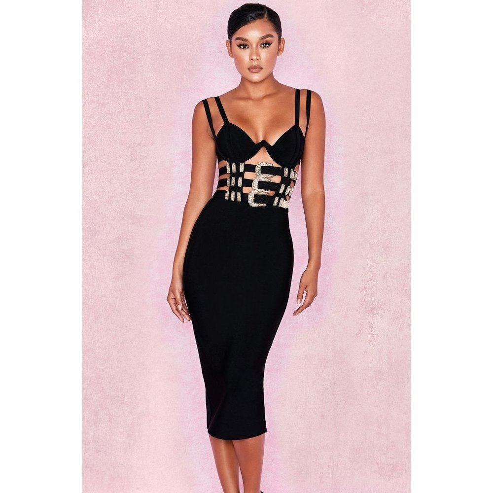 House of CB KIA Black Bandage Belted Bodycon Dress Women's Size Small